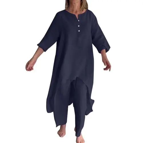 Produktbild: YIzdegg Damen-Set aus einfarbigem Baumwollleinen, lässig, langärmelig, Oberteil, weites Bein, Hose Hosenanzug Damen Sportlich Elegant (Navy, XXL)