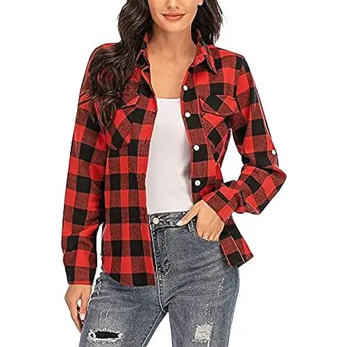 Produktbild: YIzdegg Karierte Hemden für Damen, langärmelige, geknöpfte Weihnachts-Herbstjacke Elegant Bluse Damen Sexy (Red, L)