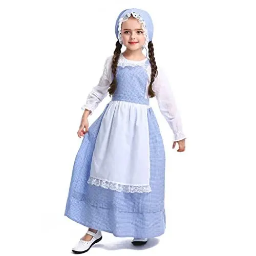 Produktbild: Kinder Kind Mädchen Bauernhof Kostüm Blumenladen Mädchen Kleid Langarm Kariert Prinzessin Kleid Schürze Mit Hut Set Cosplay Karneval Party Kleid Performance Kostüm Festliche Dirndl (Blue, 4-6 Years)
