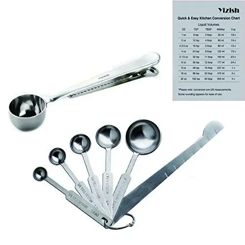 Produktbild: Yizish 304 Edelstahl Messlöffel mit Messlineal, Scoop mit Clip, Küchenumrechnungstabelle 8er Set zum Backen und Kochen