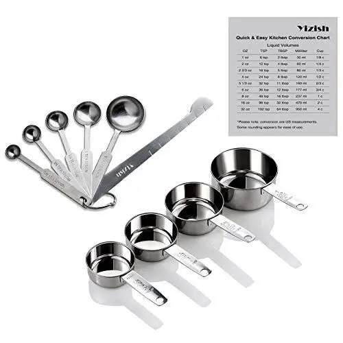 Produktbild: Yizish Edelstahl Messbecher und Löffel mit Meßlineal, Küche Umrechnungstabelle Set von 10 Für Trockene und Flüssige Zutaten