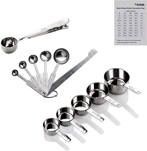 Produktbild: Yizish Edelstahl Messbecher und Löffel mit Messlineal, Scoop mit Clip, Küchenumrechnungstabelle 12er Set für Trockene und Flüssige Zutaten