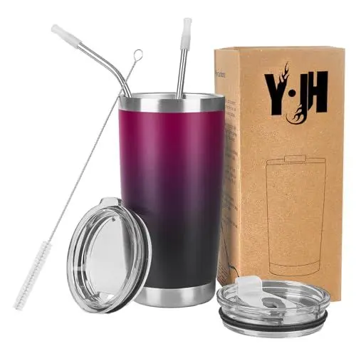 Produktbild: Y·J&H 20oz (550ml) Doppelwandig Vakuum Isolierter Autobecher, Edelstahl Reiseflasche, Thermobecher Kaffee to Go mit 2 Spritzfestem Deckel 2 Strohhalm, Rohrbürste,BPA Free - Lila&Schwarz