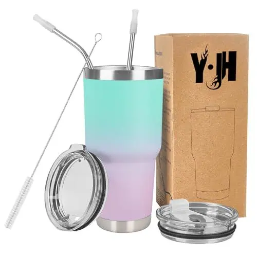 Produktbild: Y·J&H 30oz (850ml) Doppelwandig Vakuum Isolierter Autobecher, Edelstahl Reiseflasche, Thermobecher Kaffee to Go mit 2 Spritzfestem Deckel 2 Strohhalm, Rohrbürste,BPA Free - Cyanblau&Violett