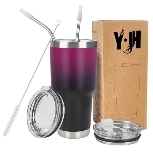 Produktbild: Y·J&H 30oz (850ml) Doppelwandig Vakuum Isolierter Autobecher, Edelstahl Reiseflasche, Thermobecher Kaffee to Go mit 2 Spritzfestem Deckel 2 Strohhalm, Rohrbürste,BPA Free - Lila&Schwarz