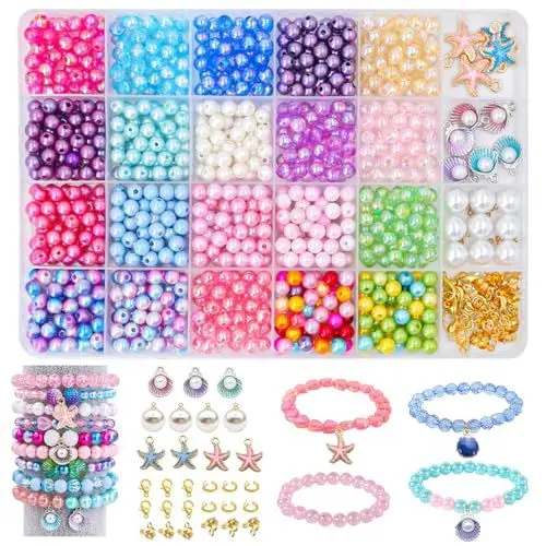 Produktbild: YJWZ 600 Stück Perlen Armbänder Selber Machen,24 Farben Armbänder Selber Machen Kinder,DIY Armband Meeresthema Bastelset,Perlenset ab 4 Jahre & Erwachsene Inkl Schmuckzubehör zum Auffädeln