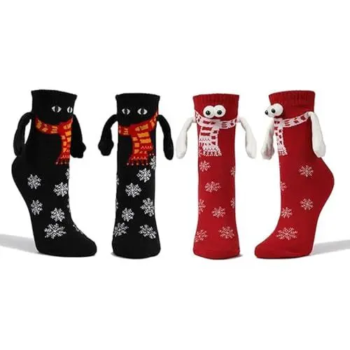 Produktbild: YJWZ Lustige Magnetische Socken,2 Paar Hand in Hand Socken,Unisex 3D-P-Uppen-Paar-Weihnachtssocken,Funny Freundschaftssocken Weihnachten Socken Geschenk für Paare Familie