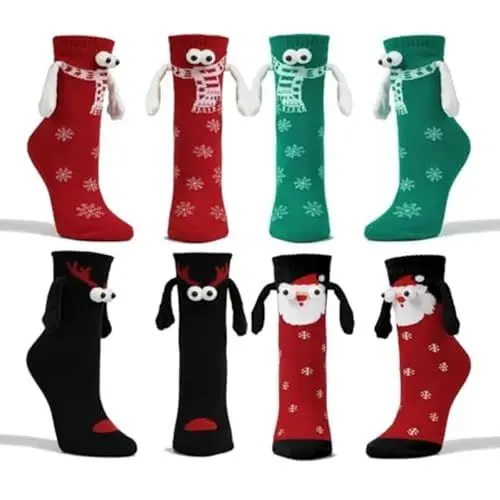Produktbild: YJWZ Lustige Magnetische Socken,4 Paar Hand in Hand Socken,Unisex 3D-P-Uppen-Paar-Weihnachtssocken,Funny Freundschaftssocken Weihnachten Socken Geschenk für Paare Familie