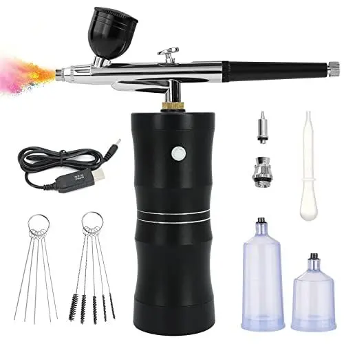 Produktbild: Ykall Airbrush-Kit mit Luftkompressor, Verbessertes 7,4V 34PSI Airbrush-Set, Wiederaufladbare, Tragbare und Kabellose Airbrush mit 0,4mm Düse für Malerei, Nageldesign, Kuchendekoration (Schwarz)