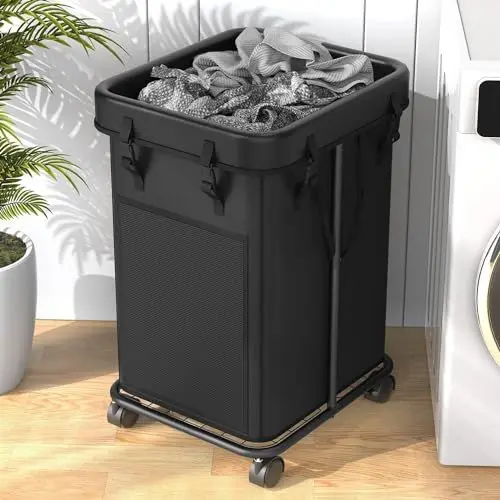 Produktbild: YKDIRECT 150L großer Wäschekorb, Wäschekorb Kleiderkorb, Metallrahmen und abnehmbare Taschen Design mit Rädern, geeignet für Schlafzimmer, Bad, Schlafsaal, Waschküche (Schwarz)