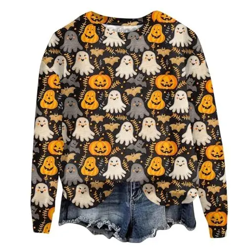 Produktbild: YKZZLDX Halloween-Kostüm Halloween Totenkopf Drucken Pullover Oberteile Sweater Langärm Ohne Kapuze Oberteil Relaxed Fit Bluse Tops Pumpkin Pullover Damen Party Pulli Tops (Safran,5XL)