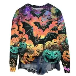 Produktbild: YKZZLDX Halloween Kostüm Damen Sweatshirts Halloween Kostüme Party Crew Neck Pumpkin Damen Sweatshirt Jumper Pullover Sweater Halloween Schädel Party Shirt Warmer Sweatpullover für Damen (Safran,S)