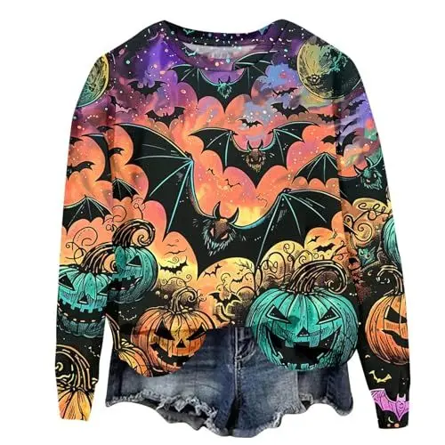 Produktbild: YKZZLDX Halloween Kostüm Damen Sweatshirts Halloween Kostüme Party Crew Neck Pumpkin Damen Sweatshirt Jumper Pullover Sweater Halloween Schädel Party Shirt Warmer Sweatpullover für Damen (Safran,S)