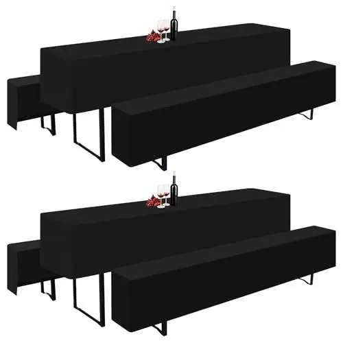 Produktbild: YMHPRIDE Biertischhussen 2er-Set, Schwarz Bierbankhusse und Tischdecken, Set für 50 cm Tischbreite, Bierzeltgarnituren 220 x 50cm für Gartenbankett-Gartenmöbel-Bezüge.