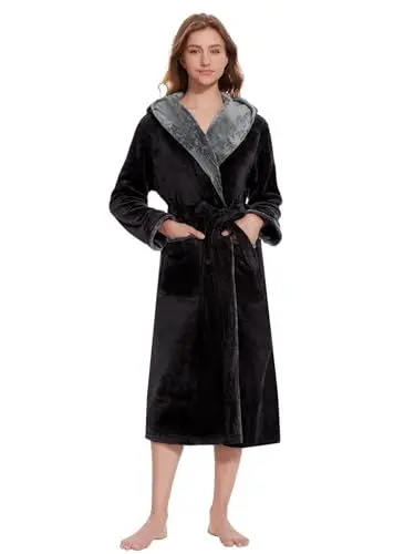 Produktbild: Ymmchy Bademantel mit Kapuze Damen Flauschig Morgenmantel Warm Lang Bademäntel Fleece Saunamantel Schwarz S