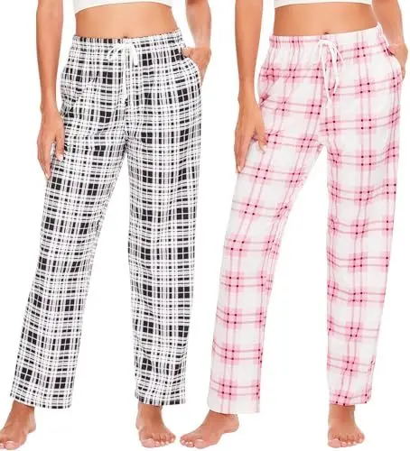 Produktbild: Ymmchy Damen Pyjamahose Lang Schlafanzughose Kariert Freizeithose Frauen Schlafhose Weiche Nachtwäsche Hose 2-Pack Rosa Kariert/Schwarze Kariert M