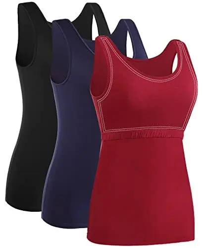 Produktbild: Ymmchy Damen Tank Tops mit Regal-BH Unterhemden Workout Stretch Tanktop 3er Pack Black/DB/Wine Red XXL
