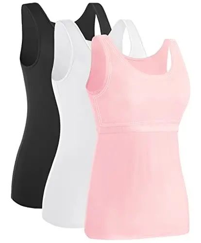 Produktbild: Ymmchy Damen Tank Tops mit Regal-BH Unterhemden Workout Stretch Tanktop 3er Pack Black/White/Pink S