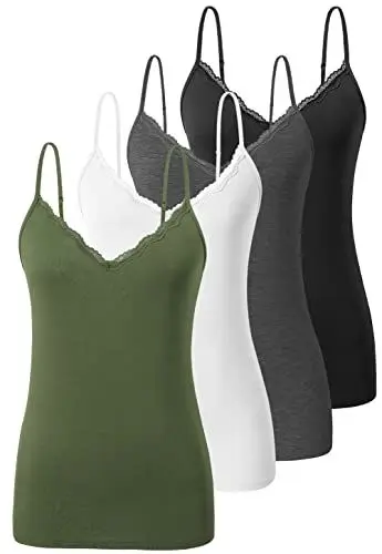 Produktbild: Ymmchy Damen Tanktop mit Spitzen Unterhemd Spaghettiträger Basic Top V-Ausschnitt Verstellbare Trägertop 4er Pack Schwarz/Dunkelgrau/Weiß/Armeegrün S
