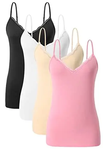 Produktbild: Ymmchy Damen Tanktop mit Spitzen Unterhemd Spaghettiträger Basic Top V-Ausschnitt Verstellbare Trägertop 4er Pack Schwarz/Weiß/Beige/Rosa S