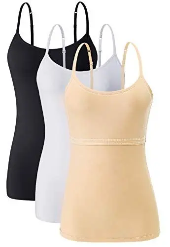 Produktbild: Ymmchy Damen Unterhemd mit Regal-BH Baumwolle Unterhemden Spaghetti Top Verstellbare Trägershirt 3-er Pack Black/White/Beige M