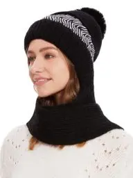 Produktbild: Ymmchy Damen Winter Mütze 2-in-1 Strickmütze Schal Warme Wintermütze Winddichte Kapuzenschal Schwarz