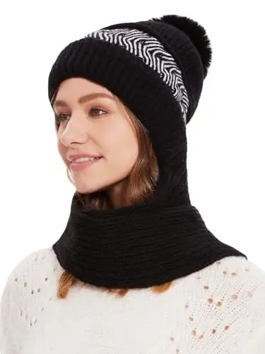 Produktbild: Ymmchy Damen Winter Mütze 2-in-1 Strickmütze Schal Warme Wintermütze Winddichte Kapuzenschal Schwarz