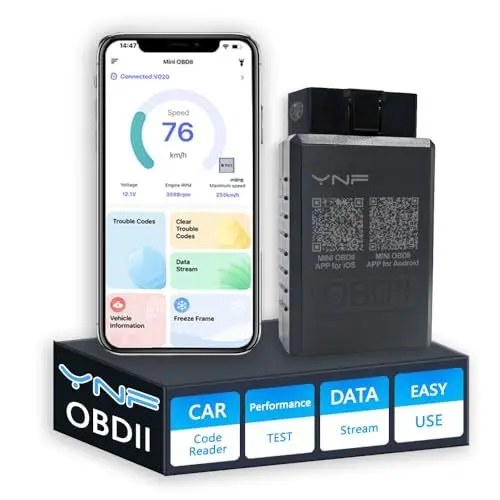 Produktbild: YNF OBD2-Scanner-Lesegerät, Bluetooth, kabelloses Autodiagnose-Scan-Tool für iOS und Android zum Leistungstest, Löschen von Fehlercodes, Live-Daten-Reset, Exklusive App