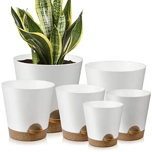 Produktbild: YNNICO Selbstbewässernde Pflanzgefäße für den Innenbereich mit Drainagelöchern und Untersetzern, 20,3 cm, 17,8 cm, 16,5 cm, 15,2 cm, 14 cm, 12,7 cm, Weiß, 6 Töpfe