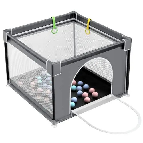 Produktbild: YOBEST Baby-Laufgitter, Laufgitter für Kleinkinder mit Toren, stabiles Laufgitter mit weichem, atmungsaktivem Mesh, Innen- und Außen-Laufgitter für Babys, Kinder, Kleinkinder Dark grey