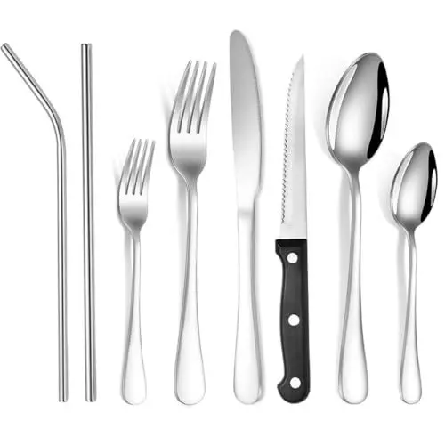 Produktbild: YoBest Besteck Set 4 Personen,34 teilig Edelstahl Besteckset mit Steakmesser,Essbesteck Set mit Löffel,Messer,Gabel,Trinkhalme,Besteck Edelstahl für Haus/Party/Restaurant,Spülmaschinenfest