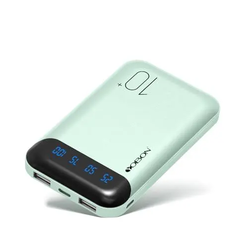 Produktbild: Power Bank 10000mAh Handy Tragbares Ladegerät Externer Akku Pack mit 2 USB 2.4A Ausgängen und USB C Eingang Kompatibel für Huawei iPhone 12 11 X iPad Samsung Galaxy S20 Android Tablette (Mini Grün)