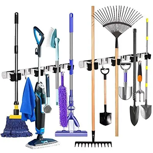 Produktbild: YOCOLE 2 Stück Besenhalterung Wand, Gerätehalter Edelstahl Besen Mop Halter, Besenstielhalter Gartengerätehalter Wand Selbstklebend 8 Halter und 6 Haken für Schrank Balkon Badezimme