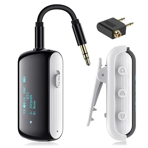 Produktbild: YOCOWOCO Bluetooth 5.2 Adapter für Flugzeug bis zu 2 Airpods/Kopfhörer, Audio Bluetooth Transmitter Klinke 3,5 für TVs und Fitnessstudios, Wireless Empfänger Splitter für Lautsprecher und Auto mit Mic