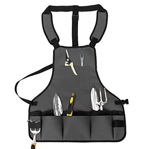 Produktbild: YOCZOX Garten Werkzeug Schürze, verstellbare Gartenschürze, Werkzeug Taschen aus 600D Oxford Tuch mit 15 Taschen, wasserdicht, Ideal für Gartengeräte, Mechaniker, Renovierung etc. 58x61cm, grau