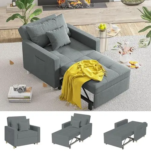 Produktbild: YODOLLA Schlafsessel, 3-in-1 Schlaferstuhl Ausziehbar Etten, Schlafsofa mit Seitentasche und Regulierbarer Rückenlehne für Erwachsene Sofa, Schwarzgrau