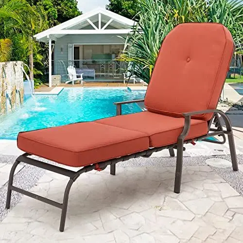 Produktbild: YODOLLA Gartenliege Sonnenliege für den Außenbereich Rattanliege Loungesessel Liegestuhlmöbel mit Armlehne und Kissen für Deck, Pool, Hinterhof(Rot, 1)