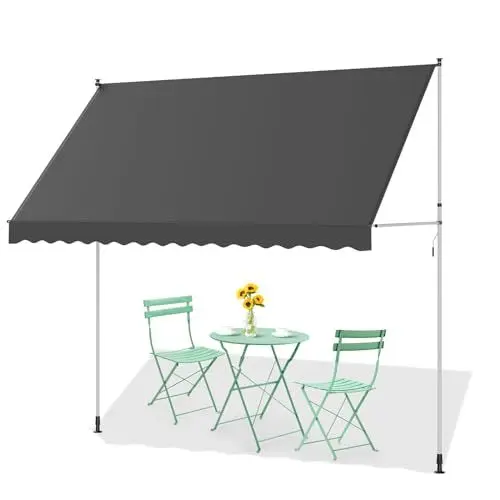 Produktbild: YODOLLA Manuelle einziehbare Markise, schraubenfreie Terrassenmarkise, verstellbare Pergola-Sonnenschutzabdeckung mit UV-Schutz, ideales Outdoor-Vordach für Fenster oder Tür (Grau, 300x180cm)