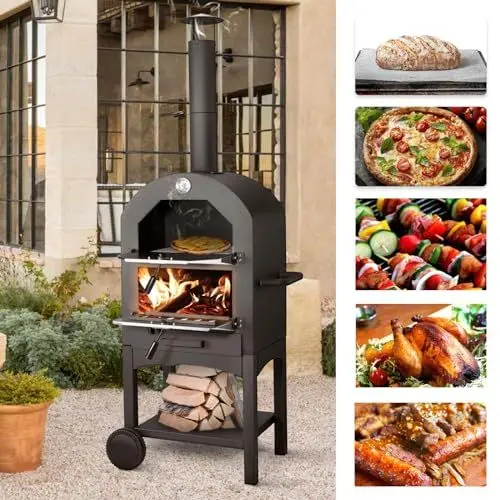 Produktbild: YODOLLA Outdoor Pizzaofen, holzbefeuerter Pizzaofen für draußen, Patio Pizzabäcker mit Pizzastein, Gartengrill Pizzastein mit Rädern für draußen Camping Hinterhofparty