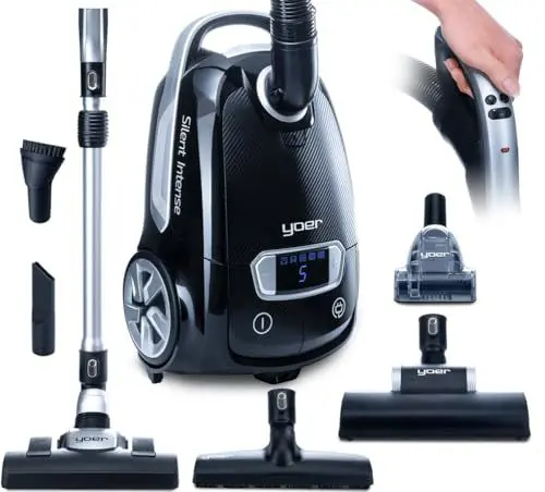 Produktbild: Yoer Silent Intense VC01BK, Staubsauger mit Beutel, Leiser Betrieb, 5 Saugstufen, Intelligente Leistungsanpassung, 12m Reichweite, Griff mit Leistungsregelung, 6 austauschbare Bürsten und Düsen, 55 dB