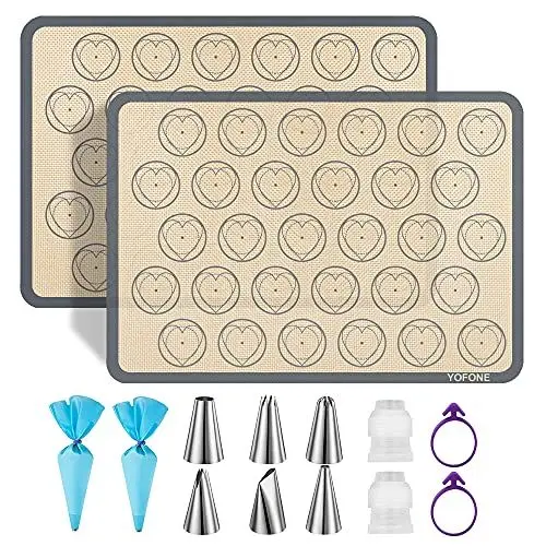 Produktbild: YOFONE Silikon-Backmatten-Set mit Herz-/Macarons-Form, inkl. 6 Spritztüllen, 2 Spritzbeuteln und 2 Beutelbinder – wiederverwendbare antihaftbeschichtete Einlagen, 2 Backbleche