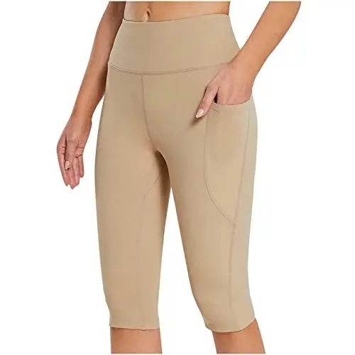 Produktbild: Yoga Shorts Damen Kurz Mit Taschen Caprihose, Workout, Bikerhose, Abnehmen, athletische Gymnastikhose, Yogahose Unterröcke Schwarz Tennishose Damen (Khaki, M)