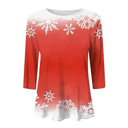 Produktbild: Yoga 𝐋angarmshirt Damen Womens Daily Christmas Print O Neck Tops Dreiviertelärmel Rundhals T-Shirt Bedruckte Loose Side Split Bluse Tunika Pullover Damen Rollkragen (Red, XL)