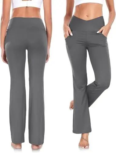 Produktbild: Yogahose Damen mit Taschen Blickdicht Cross V-Taille Bootcut Jogginghose Schlaghose Fitnesshose Fitnes Dunkelgrau L