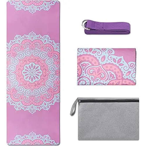 Produktbild: FREEDM Yogamatte – 2 mm faltbare Reise-Yogamatte, rutschfest, dünnes Gymnastikmatten-Design, umweltfreundlich, langlebig, Führungen, leichte Wildleder-Yogamatte für Pilates mit Tragegurt, Pink