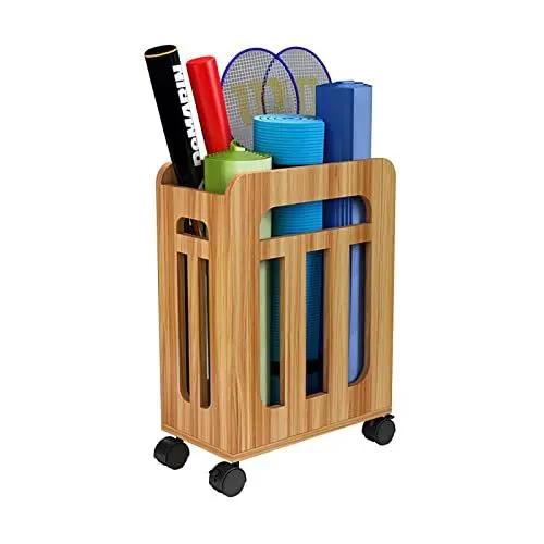 Produktbild: Yogamatten-Aufbewahrungsregal Yogamattenhalter Aus Holz mit Rädern, Fitness-Yoga-Matten-Organizer-Korb, Trainingsgeräte für Das Heimtraining, Hanteln Kettlebells Foam Roller