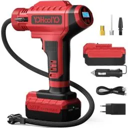 Produktbild: YOHOOLYO Elektrische Luftpumpe Luftkompressor 150PSI Kompressor Akku Tragbarer Handkompressor mit LED LCD Anzeige Rot Set Reifenpumpe für Auto Fahrrad Motorrad Basketball Fussball Als Powerbank