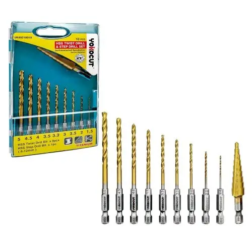 Produktbild: YOKOCUT 10-tlg Titan Bohrerset, Sechskantschaft Schnellbohrkronen, 1,5-5 mm Schnellarbeitsstahl, Titan-beschichteter HSS Bohrersatz, Schnellwechsel, 6.35mm Sechskantschaft | Stufenbohrer 4-12 mm