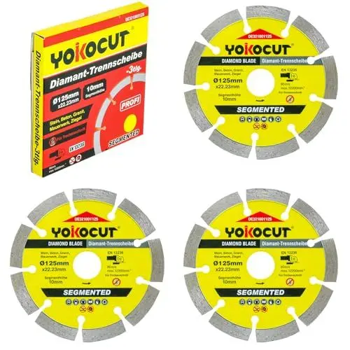 Produktbild: YOKOCUT Diamanttrennscheibe 125mm, Diamant trennscheiben set 3-tlg. universal Trennscheibe für Stein, Beton, Granit, Mauerwerk, Ziegel Zubehör Winkelschleifer