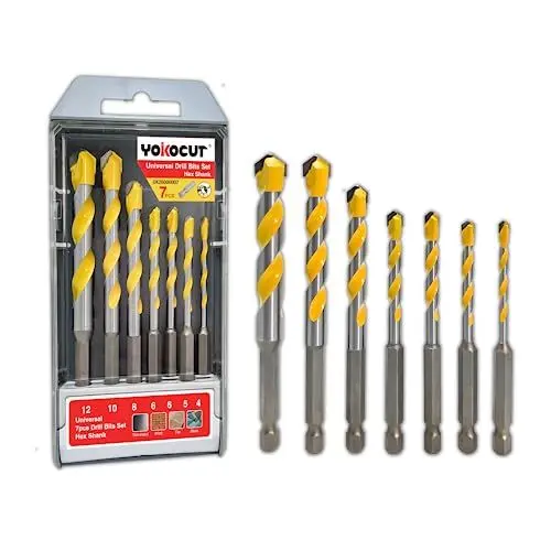 Produktbild: YOKOCUT Universalbohrer Set Profi 7-tlg - Multifunktionale Bohrer für Metall, Holz, Beton, Mauerwerk, Fliesen, Kunststoff uvm. - Hochwertiges Mehrzweckbohrer Set mit Zylinderschaft - Ø 4-12mm